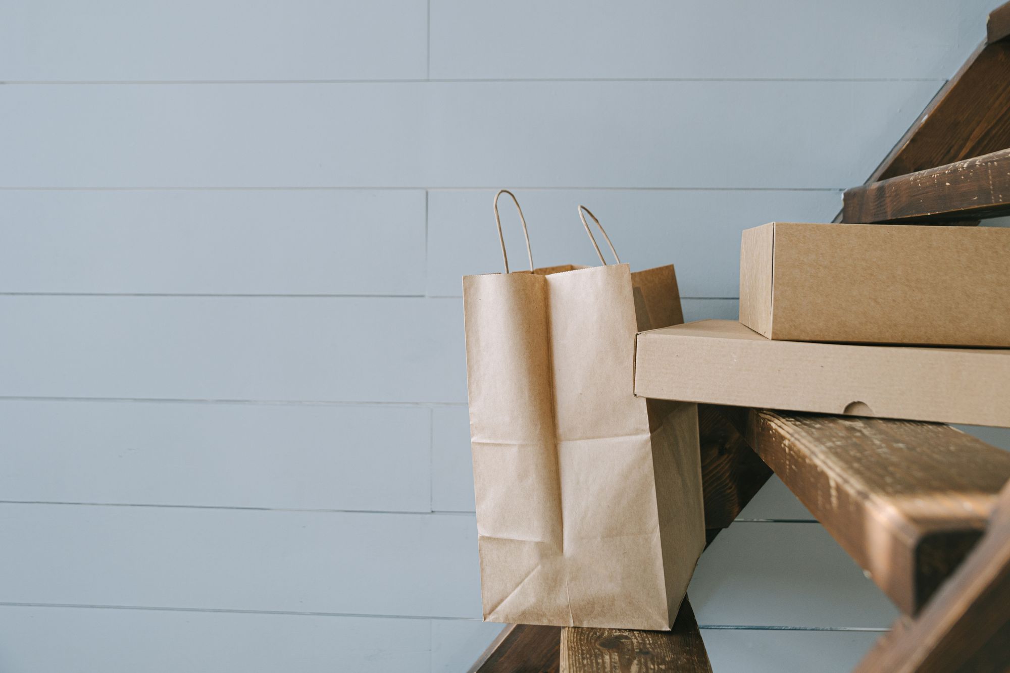 Kraft bags and boxes arranged for delivery
